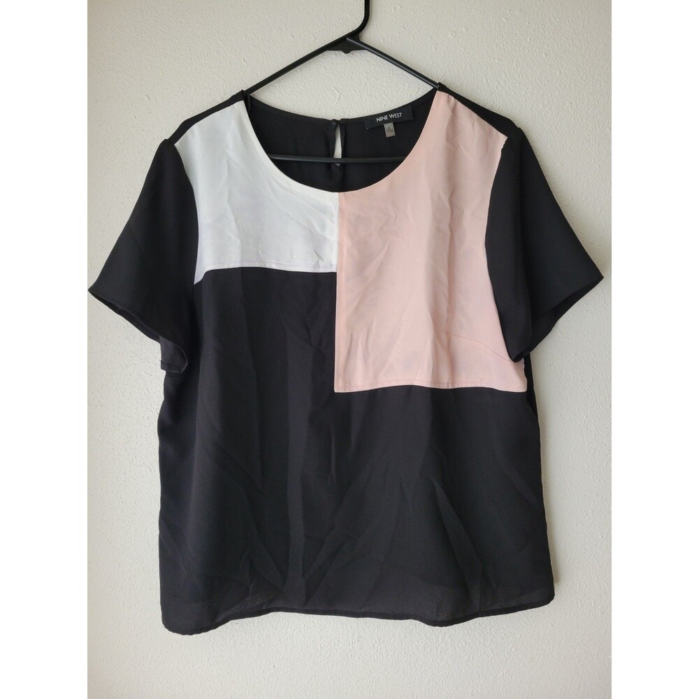 Nine West Womens Colorblock Blouse XL Round Neck Short Sleeve Black Pink White